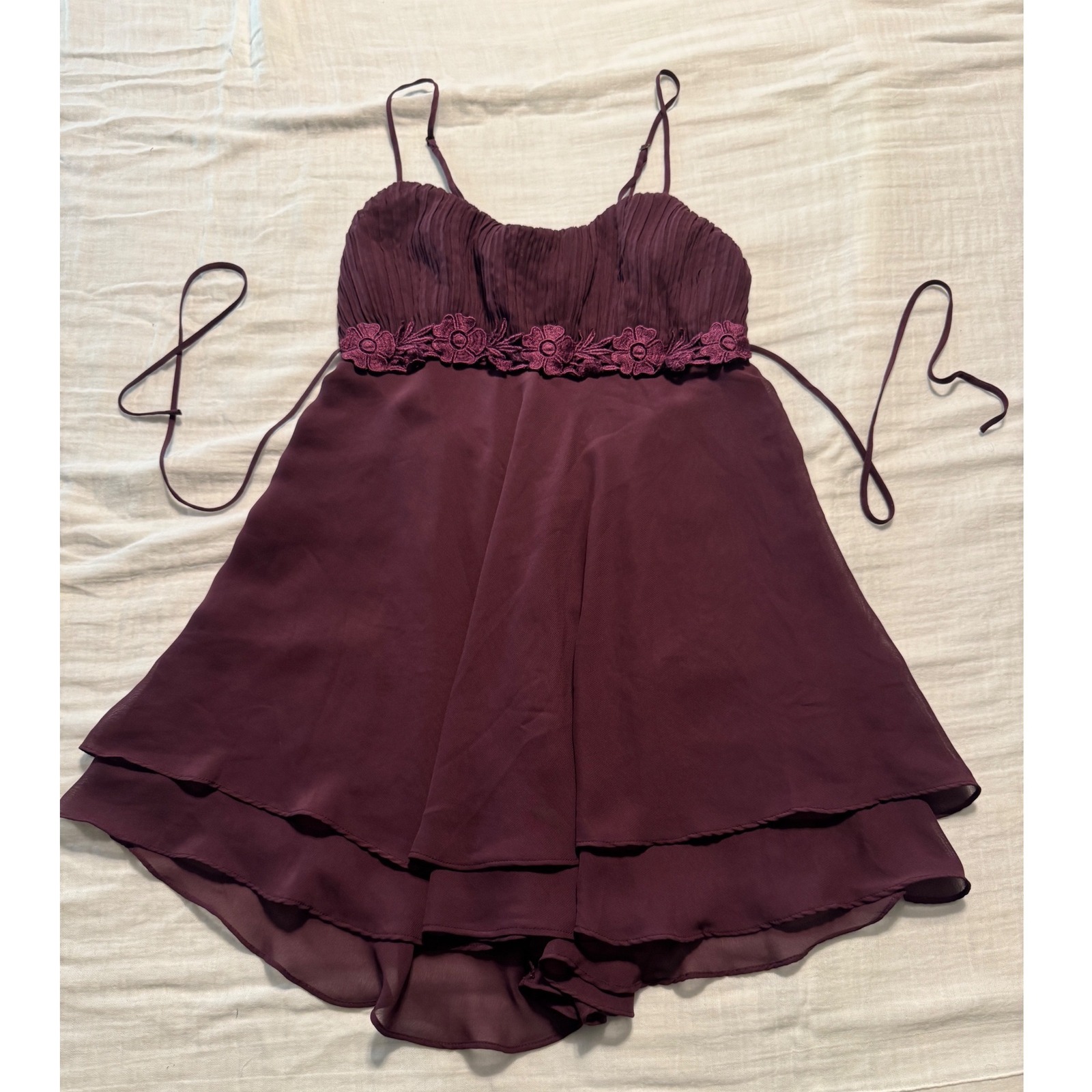Flora Nikrooz Burgundy Pleated Floral Lace Babydoll Chemise Lingerie Small Y2k